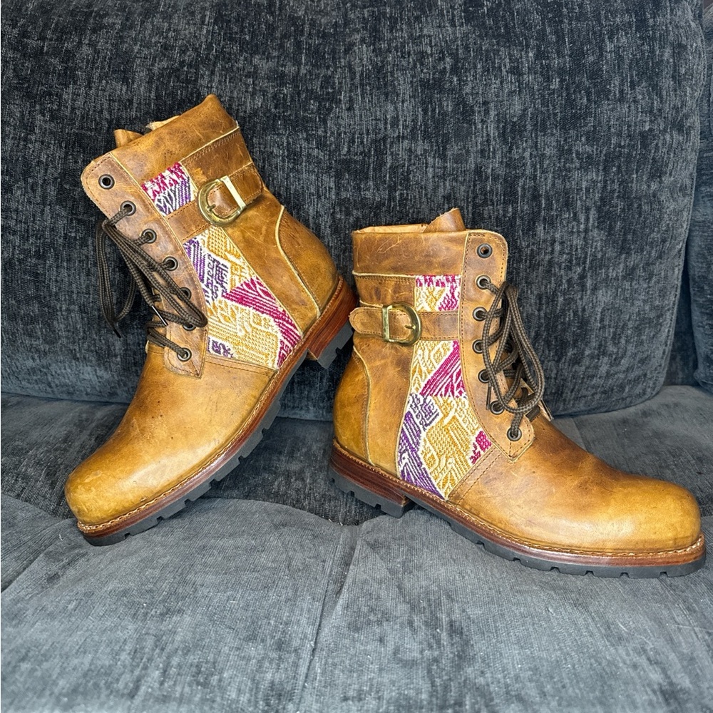 Genuine Light Brown Leather Boots With Textile Detail In U.S. W’s 10.5/M’s 9